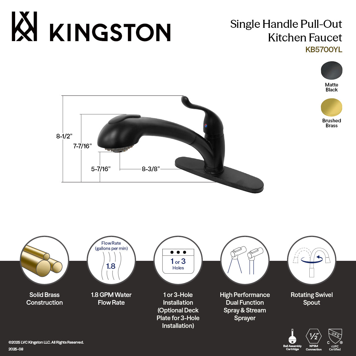 Kingston Tulare KB5700YL - Yosemite Single-Handle 1-or-3 Hole Deck Mount Pull-Out Sprayer Kitchen Faucet, Matte Black — thumbnail 2